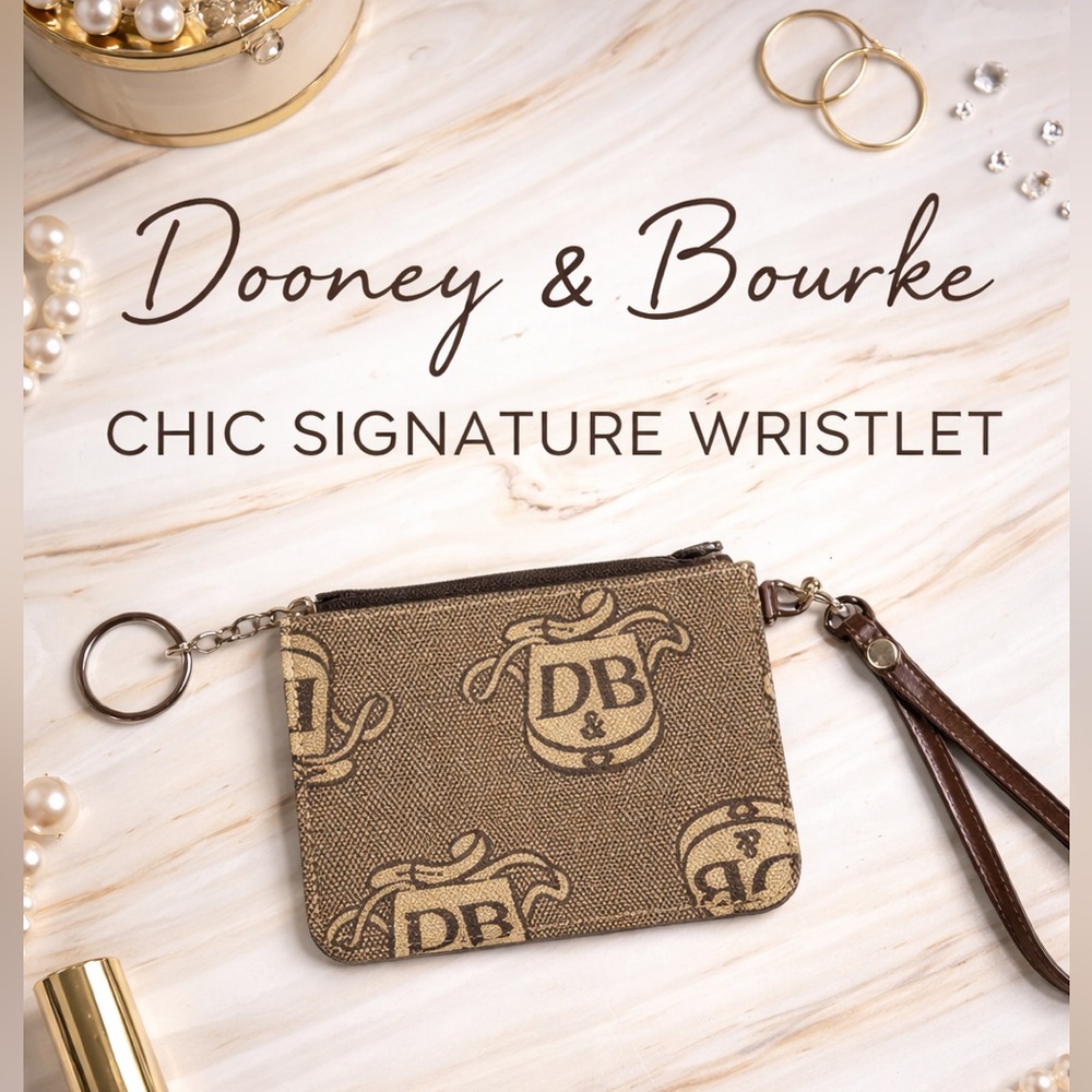 Dooney & Bourke Beige & Brown Wristlet Signature Logo Great Condition Classic